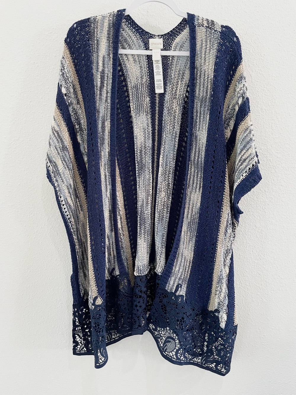 Chico’s Embroidered Lace Kimono Cardigan Boho Blue White